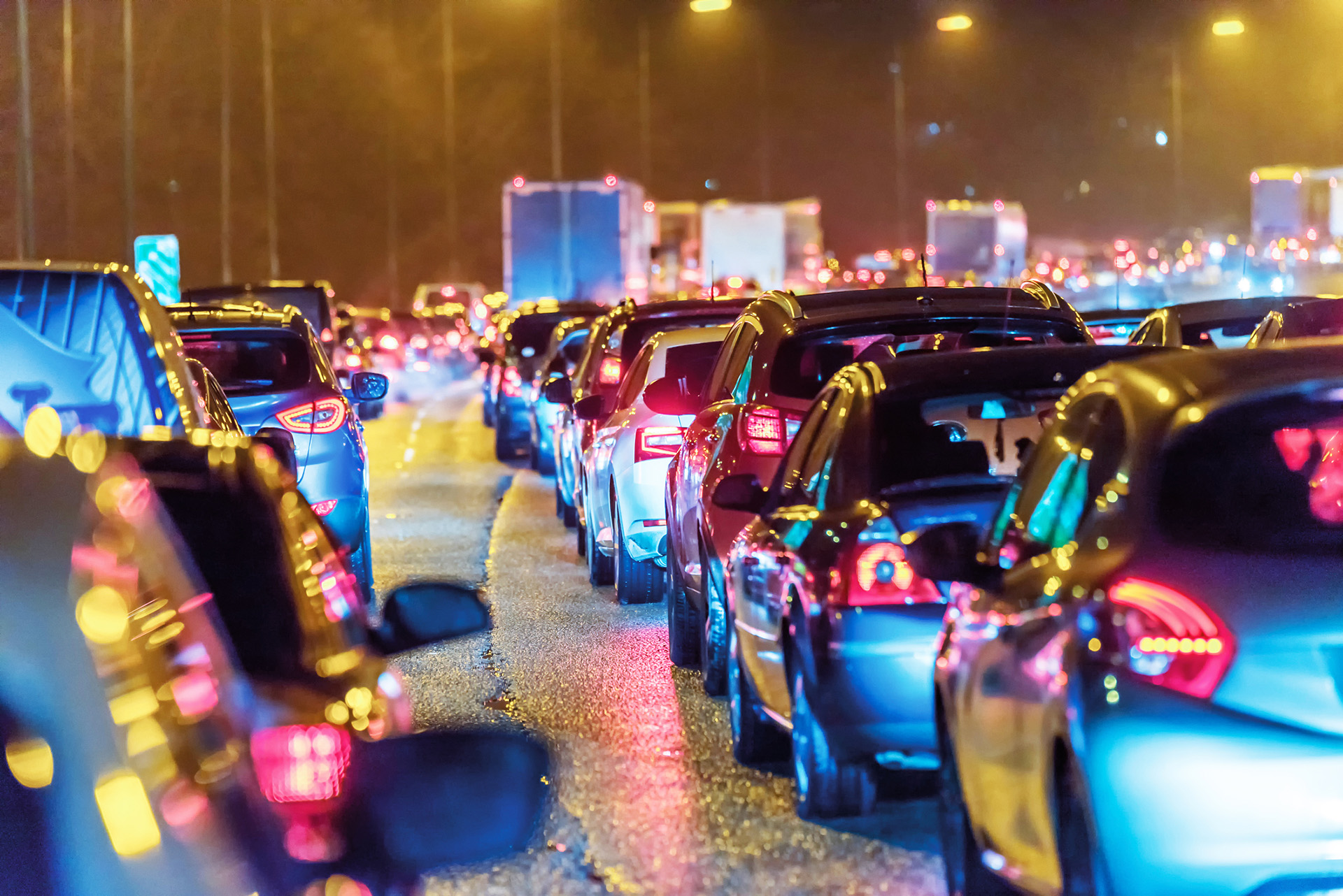 Queuing vehicles during rush hour on a motorway