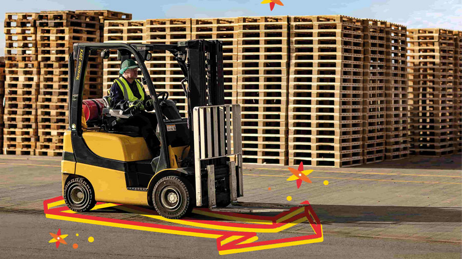 FLT powered by Futuria Liquid Gas by Calor with animated arrow on the floor. Pallets in the background