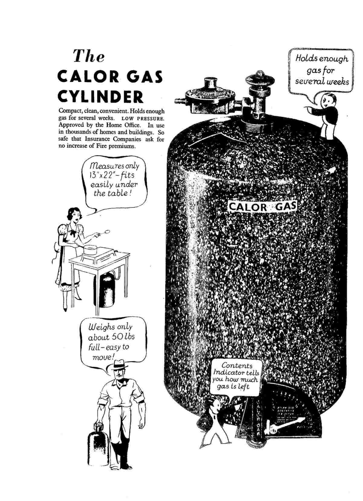 Black and white advertisement: The Calor Gas Cylinder